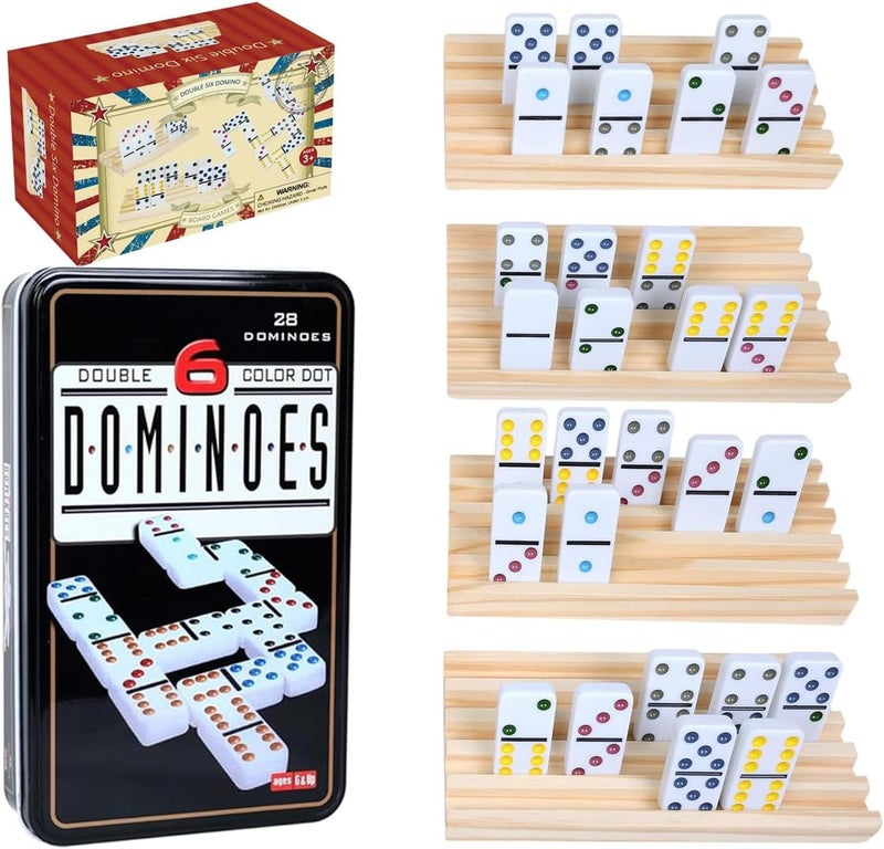 GOTHINK Dominos Set for Adults with 4 Wooden Trays/Racks, Double 6 Dominoes Set with Holders, 28 Tile Colored Dot Dominos Games Set with Case Mexican Train Accessories Board Games for Family - Image 1